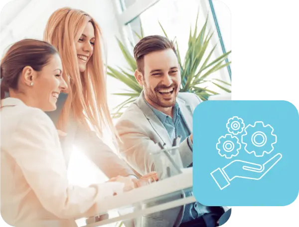 team collaborating on a project with an icon of a hand holding gears